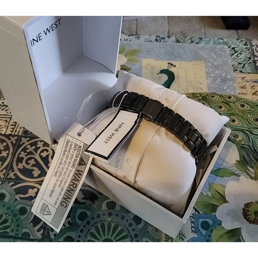NIB~Women's NINE WEST Black Alloy Rose Gold Bezel Link Bracelet Watch~34MM